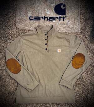 Carhartt Men's Beige Corduroy Long Sleeve Henley Pullover with Elbow Patches
